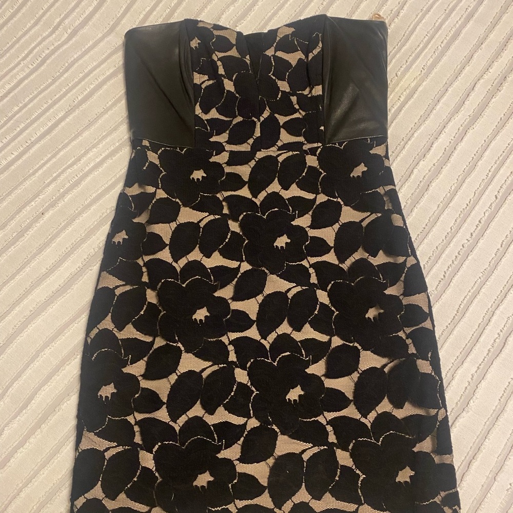 Mason lace and leather strapless cocktail dress.
